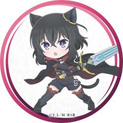  1girl animal_ears artist_request boots bright_pupils cape cat_ears cat_girl cat_tail chibi commentary_request crossed_bangs ear_ornament fighting_stance fran_(tensei_shitara_ken_deshita) full_body fur-trimmed_gloves fur-trimmed_thighhighs fur_trim gloves holding holding_sword holding_weapon looking_at_viewer lowres medium_hair official_art open_mouth promotional_art second-party_source shishou_(tensei_shitara_ken_deshita) sword tail tensei_shitara_ken_deshita thigh-highs v-shaped_eyebrows violet_eyes weapon white_pupils 