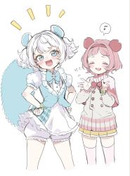  2girls :3 :d animal_ears blue_bow blue_bowtie blue_vest blush bow bowtie buttons chiikawa commentary_request cropped_legs double-breasted furuhonya grey_jacket hair_intakes hairband hands_on_own_hips hands_up highres jacket korean_commentary limu838 looking_at_viewer miniskirt momonga_(chiikawa) multiple_girls musical_note notice_lines open_mouth personification pink_hair pink_thighhighs pleated_skirt red_bow red_bowtie red_hairband school_uniform shirt short_hair short_sleeves shorts simple_background skirt smile spoken_musical_note standing sweater tail thigh-highs tracen_school_uniform vest white_background white_hair white_shirt white_shorts white_sweater yellow_skirt zettai_ryouiki 