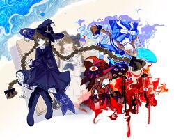  3girls anchor anchor_symbol black_neckerchief blue_dress boots bow braid brown_hair chain colored_skin commentary crescent crescent_hat_ornament dress fire funamusea hair_bow hat hat_bow hat_ornament highres knee_boots long_hair long_sleeves multiple_girls multiple_views neckerchief oounabara_to_wadanohara open_mouth picture_frame poqw5xp ribbon sailor sailor_collar sailor_dress school_uniform serafuku smile star_(symbol) star_hat_ornament twin_braids untranslatable_commentary very_long_hair wadanohara wadanohara_(red_sea) water white_bow white_neckerchief white_serafuku witch witch_hat 