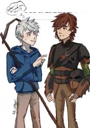  2boys armor artist_name belt black_armor black_belt black_helmet blue_eyes blue_hoodie brown_gauntlets brown_hair brown_helmet brown_pants brown_shirt crossed_arms crossover dreamworks english_text freckles gauntlets green_eyes green_shirt hair_between_eyes helmet hiccup_horrendous_haddock_iii highres holding holding_staff holding_unworn_helmet hood hood_down hoodie how_to_train_your_dragon_(series) how_to_train_your_dragon_2 jack_frost_(rise_of_the_guardians) layered_shirt leather_armor long_sleeves looking_at_another male_focus multiple_boys no_139401 pants parted_bangs parted_lips pointing pointing_at_another rise_of_the_guardians shirt short_hair short_sleeves shoulder_armor sidelocks signature smile speech_bubble spiky_hair staff sweat sweatdrop thought_bubble twitter_username two-tone_helmet unworn_headwear unworn_helmet upper_body white_background white_hair wooden_staff 