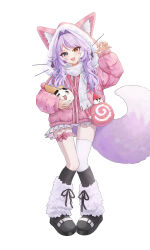  1girl :3 :d absurdres animal_ear_hood aray_1010 bag black_boots blue_eyes boots brown_eyes commentary_request creature full_body fur-trimmed_boots fur_trim hand_up heterochromia highres holding holding_creature hood hood_up hooded_jacket inari_(tenko_shibuki) jacket knee_boots leg_ribbon long_hair long_sleeves multicolored_bag multicolored_hair open_mouth pink_bag pink_jacket pink_ribbon purple_hair ribbon scarf simple_background single_paw_pose single_thighhigh skirt smile standing stellive streaked_hair tail tenko_shibuki thigh-highs two-tone_bag two-tone_hair virtual_youtuber white_background white_bag white_hair white_scarf white_skirt white_streaks 