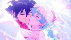  1boy 1girl blonde_hair blue_hair bridal_veil closed_eyes couple cuddling dress highres husband_and_wife mosako multicolored_hair nia_teppelin simon_(ttgl) smile tengen_toppa_gurren_lagann upper_body veil wedding_dress 