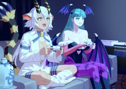  2girls absurdres animal_ears animal_print bat_wings bell belphegor_(the_seven_deadly_sins) commentary_request commission couch crossover dark_skin darkstalkers demon_horns elbow_gloves game_console gloves green_eyes green_hair head_wings highres horns indian_style leotard loose_socks morrigan_aensland multiple_girls open_clothes orange_eyes pixiv_commission playing_games playing_video_games sitting smile socks species_connection tail the_seven_deadly_sins white_hair wings yagi2013 