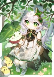  1girl aranara_(genshin_impact) bird book bracelet closed_mouth commentary_request day detached_sleeves dress full_body genshin_impact gold_trim green_eyes green_sleeves hair_between_eyes hair_ornament highres holding holding_book jewelry leaf_hair_ornament long_hair marumochi_(muuun251) nahida_(genshin_impact) open_book outdoors pointy_ears side_ponytail signature sitting sleeveless sleeveless_dress solo star-shaped_pupils star_(symbol) stirrup_legwear symbol-shaped_pupils toeless_legwear toes white_dress white_hair yellow_bird 