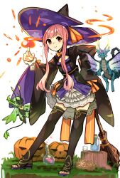  1girl :> absurdres atelier_(series) atelier_ayesha black_sleeves black_thighhighs blush bow bowtie broom brown_eyes casting_spell commentary_request detached_collar dragon dress fairy familiar fire flat_chest frilled_dress frilled_sleeves frills full_body grass hair_bun hand_on_own_hip hat highres index_finger_raised large_hat long_hair looking_at_viewer orange_bow orange_bowtie orange_ribbon pegina pink_hair potion pumpkin purple_dress pyrokinesis ribbon short_eyebrows sidelocks smile solo standing star_(symbol) star_print thigh-highs toeless_legwear white_background wide_sleeves wilbell_voll-ersleid witch witch_hat zettai_ryouiki 