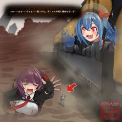  2girls blue_hair canyon colphne:_doppelganger_(girls'_frontline_2) colphne_(girls'_frontline_2) commentary_request crying elmo_(vehicle) girls'_frontline_2:_exilium girls_frontline hat highres makiatto_(girls'_frontline_2) multiple_girls neoyamah purple_hair red_eyes tears wa2000_(girls'_frontline) 