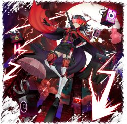  1girl alternate_costume ankle_guards belt black_gloves black_hair black_skirt building cape closed_mouth cone_horns full_body full_moon game_asset gloves goggles grey_horns gun handgun highres holster holstered horns katana kijin_seija long_sleeves looking_at_viewer moon multicolored_hair official_art purple_belt purple_cape red_cape red_shirt red_streaks red_thighhighs rotte_(1109) shirt shoulder_spikes simple_background skirt skyscraper small_horns smile solo speaker spikes streaked_hair sword sword_on_back thigh-highs thigh_holster third-party_source touhou touhou_lostword transparent_background two-sided_cape two-sided_fabric weapon weapon_on_back white_streaks 