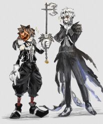  2boys alternate_costume bat_wings black_crown blue_eyes brown_hair chapped_lips commentary_request crown crown_necklace diamond_hairband fangs gloves halloween halloween_costume highres holding jack-o'-lantern jacket keyblade kingdom_hearts kingdom_hearts_ii long_sleeves looking_at_viewer male_focus mask mask_on_head mask_over_one_eye missing_tooth multiple_boys nomakinomaki official_alternate_costume open_mouth pants pinstripe_jacket pinstripe_pattern pinstripe_suit pinstripe_vest pointy_shoes pumpkin_mask pumpkinhead_(keyblade) round_eyewear short_hair skeleton_print skully_j._graves smile sora_(halloween_town)_(kingdom_hearts) sora_(kingdom_hearts) spiky_hair striped_clothes striped_jacket striped_vest suit sunglasses the_nightmare_before_christmas twisted_wonderland vertical-striped_clothes vertical-striped_jacket vertical-striped_vest vest white_gloves white_hair wings 
