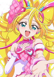  1girl absurdres arm_warmers bare_shoulders beads blonde_hair blue_eyes blush bow bow-shaped_hair bow_choker breasts choker collarbone commentary_request crop_top cure_idol detached_sleeves drill_hair earrings hair_beads hair_between_eyes hair_ornament hair_ribbon hairband hand_on_own_chest heart heart_earrings heart_hair_ornament highres idol idol_clothes idol_heart_brooch_(precure) jewelry kimi_to_idol_precure long_hair looking_at_viewer magical_girl midriff morishita_(moricuremori) multicolored_hair multiple_earrings navel open_mouth pink_bow pink_hair pink_ribbon pink_shirt pink_skirt pink_wrist_cuffs plaid_bow plaid_ribbon precure puffy_detached_sleeves puffy_sleeves reaching reaching_towards_viewer red_bow red_choker ribbon sakura_uta_(precure) scrunchie shirt shirt_bow single_arm_warmer skirt small_breasts smile solo stomach streaked_hair teeth twintails two-tone_hair upper_body white_arm_warmers white_hairband wrist_cuffs wrist_scrunchie 