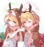  2girls animal_costume antlers blonde_hair blue_archive blush bow box closed_mouth collarbone gift gift_box green_bow green_eyes green_halo hair_bow halo heart heart_hands heart_hands_duo highres looking_at_viewer midori_(blue_archive) momoi_(blue_archive) multiple_girls naretsuro one_eye_closed pink_halo red_bow red_eyes reindeer_antlers reindeer_costume short_hair short_sleeves siblings sisters twins upper_body 