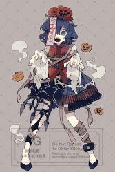  1girl alternate_costume bandaged_leg bandages black_shoes black_skirt blue_eyes blue_hair commentary_request full_body halloween halloween_costume hat highres hitodama jack-o'-lantern jack-o'-lantern_hat jiangshi long_sleeves looking_at_viewer medium_hair miyako_yoshika nikorashi-ka ofuda open_mouth outstretched_arms red_shirt sharp_teeth shirt shoes skirt solo teeth torn_clothes torn_sleeves touhou watermark wide_sleeves zombie_pose 