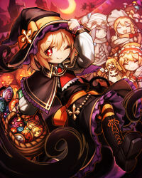  >_< 4girls alice_margatroid alternate_costume ascot basket black_boots black_capelet black_hat black_skirt blonde_hair boots bow braid candy capelet closed_mouth commentary_request crescent_moon flandre_scarlet food frilled_hairband frills ghost_costume hairband halloween halloween_costume hat hat_bow highres jack-o'-lantern kirisame_marisa lace-up_boots lollipop looking_at_viewer moon multiple_girls mushroom_hat_ornament one_eye_closed open_mouth orange_bow orange_scarf patchouli_knowledge purple_hair red_ascot red_bow red_eyes red_hairband remilia_scarlet rumia scarf shanghai_doll side_braid single_braid skin_seams skirt smile solo_focus spark621 swirl_lollipop touhou violet_eyes witch_hat 