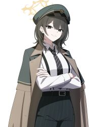  1girl absurdres alternate_hair_length_(longer) alternate_hairstyle belt black_hair black_necktie blue_archive breasts closed_mouth coat coat_on_shoulders commentary_request cowboy_shot crossed_arms green_pants halo hat highres hiromi_(blue_archive) looking_at_viewer medium_breasts medium_hair necktie pants peaked_cap simple_background solo standing striped_clothes striped_necktie striped_pants suspenders white_background wolf_cut yellow_halo yude13b 
