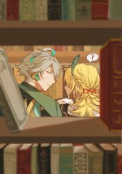  2boys ? ahoge alhaitham_(genshin_impact) aqua_eyes aqua_hair black_bridal_gauntlets black_shirt blonde_hair blurry blurry_foreground book bookshelf braid bridal_gauntlets cable cape closed_mouth colored_inner_hair commentary_request earpiece earrings eyeshadow feather_hair_ornament feathers from_behind genshin_impact gold_earrings green_cape grey_hair hair_ornament hair_over_one_eye half_up_braid highres holding holding_book indoors jewelry kaveh_(genshin_impact) library looking_at_viewer looking_back makeup male_focus medium_hair multicolored_hair multiple_boys open_book red_cape red_eyeshadow shirt short_hair speech_bubble spoken_question_mark suika1368 white_shirt x_hair_ornament 