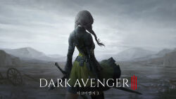  1girl belt belt_pouch black_belt black_gloves black_jacket braid breasts clouds cloudy_sky concept_art copyright_logo copyright_name cowboy_shot cropped_jacket dark_avenger_3 dongho_kang dress dual_wielding facing_away fantasy fingerless_gloves from_behind gloves green_dress grey_hair grey_sky highres holding holding_sword holding_weapon horizon jacket logo long_sleeves medium_breasts outdoors pouch revision scabbard sheath sky solo sword third-party_source twin_braids unsheathed weapon 
