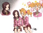  2girls :d :o blush brown_eyes brown_hair closed_eyes digital_media_player ffgghhjj flower fresh_precure! hair_ornament hair_scrunchie higashi_setsuna highres holding_another&#039;s_arm momozono_love multiple_girls multiple_views musical_note necktie open_mouth pink_eyes pink_scrunchie precure school_uniform scrunchie sitting smile twintails white_background 