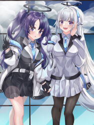 2girls aqua_necktie black_gloves black_jacket black_suit blue_archive blue_eyes blue_hair blue_necktie breasts collared_shirt commentary_request gloves hair_between_eyes hair_ornament half_gloves halo headgear headphones highres holding_hands iririya_07 jacket large_breasts light_blush long_hair long_sleeves looking_at_viewer mechanical_halo millennium_science_school_logo multiple_girls necktie noa_(blue_archive) open_clothes open_jacket open_mouth purple_hair school_uniform shirt sidelocks skirt smile suit triangle_hair_ornament two-sided_fabric two-sided_jacket two_side_up very_long_hair violet_eyes white_hair white_halo white_jacket white_shirt white_suit yuuka_(blue_archive) 