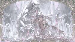  1girl 57friend animal_ear_fluff animal_ears bird bow bow_on_wing chest_bow commentary commission dress english_commentary feathered_wings flower fox_ears frilled_dress frills grey_eyes head_on_hand highres long_hair looking_at_viewer multiple_wings original pantyhose pink_bow pink_flower pink_ribbon ribbon shoes signature solo statue white_bird white_dress white_hair white_pantyhose white_shoes white_wings wings 