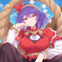  1girl black_skirt breasts closed_mouth commentary day dot_nose elbow_on_knee feet_out_of_frame hair_between_eyes hair_ornament hand_up head_tilt highres large_breasts layered_sleeves leaf leaf_hair_ornament long_sleeves looking_at_viewer maple_leaf mirror onbashira outdoors purple_hair rakugaki_kontena red_eyes red_shirt rope royal_ease shide shimenawa shirt short_hair short_over_long_sleeves short_sleeves sitting skirt smile solo touhou white_sleeves yasaka_kanako 