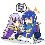  1boy 1girl blue_cape blue_hair brother_and_sister cape cellphone circlet dress fire_emblem fire_emblem:_genealogy_of_the_holy_war fire_emblem_heroes headband holding holding_phone julia_(fire_emblem) long_hair phone purple_cape purple_hair seliph_(fire_emblem) siblings simple_background sitting smartphone violet_eyes white_headband yukia_(firstaid0) 