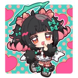  1girl :d black_hair blue_background blue_bow bow chibi commentary_request dress finger_to_mouth full_body hair_bow halo hand_up heart multicolored_hair muuran nangong_yu pink_bow pink_hair polka_dot polka_dot_background red_eyes shoes smile solo twintails two-tone_hair white_dress white_shoes zenless_zone_zero 