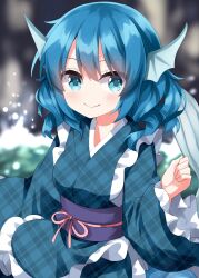  1girl alternate_color blue_eyes blue_hair blue_kimono blurry blush breasts closed_mouth commentary_request depth_of_field drill_hair drill_sidelocks eyes_visible_through_hair fins frilled_kimono frills head_fins highres japanese_clothes kimono long_sleeves looking_at_viewer medium_hair merfolk mermaid monster_girl obijime purple_sash ruu_(tksymkw) sash sidelocks small_breasts smile solo touhou wakasagihime wide_sleeves 