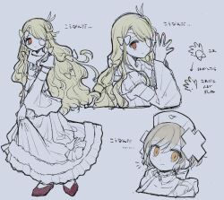  2girls animal_print bird_print blonde_hair bow butter_run closed_mouth commentary_request dress grey_background hair_ornament hat highres holding_own_dress long_dress long_hair magical_girl mahou_shoujo_ikusei_keikaku mahou_shoujo_ikusei_keikaku_restart multiple_girls nurse_cap orange_eyes orange_hair pfle red_nails shadowgale shoes smile translation_request wide_sleeves x_hair_ornament yellow_nails 