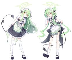  2girls alternate_costume apron arm_behind_back black_dress black_shoes blonde_hair blue_archive blush breasts bun_cover chinese_clothes commentary_request demon_tail double_bun dress enmaided floral_print flower frilled_apron frilled_skirt frills full_body green_apron green_dress green_hair green_halo hair_between_eyes hair_bun hair_flower hair_ornament hair_ribbon halo head_tilt highres hikari_(blue_archive) holding holding_tray imro_0000 korean_commentary leaning_forward long_hair long_sidelocks looking_at_viewer maid maid_headdress mary_janes multiple_girls nozomi_(blue_archive) orange_eyes parted_lips petticoat pocket pointy_ears pom_pom_(clothes) puffy_short_sleeves puffy_sleeves qi_maid ribbon shoes short_sleeves shrug_(clothing) siblings sidelocks simple_background sisters skirt small_breasts socks standing tail thigh-highs tray twins twintails v-shaped_eyebrows very_long_hair waist_apron white_apron white_background white_flower white_shrug white_socks white_thighhighs wrist_cuffs yellow_eyes 