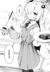  1girl blue_archive bow bowtie choker collared_shirt dress eyeball_hair_ornament feet_out_of_frame from_side greyscale hair_over_one_eye halo highres holding holding_ladle holding_plate kanoe_(blue_archive) kitchen ladle long_hair looking_at_viewer looking_to_the_side monochrome pinafore_dress plate shirt sleeveless sleeveless_dress solo speech_bubble stew supic1711 translation_request two_side_up very_long_hair 
