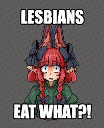  1girl :o absurdres animal_ear_fluff animal_ears black_bow blunt_bangs blush_stickers bow braid braided_sidelocks cat_ears cat_girl commentary_request constricted_pupils english_text extra_ears fang floral_print green_shirt grey_background hair_bow highres image_macro_(meme) kaenbyou_rin lesbians_eat_what?!_(meme) long_sidelocks mcsquiddies medium_hair meme misunderstanding open_mouth pointy_ears puffy_sleeves raised_inner_eyebrows red_eyes red_hair scared shirt sidelocks simple_background solo touhou upper_body worried 