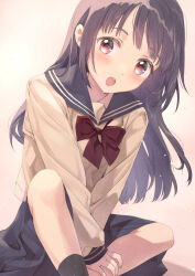  1girl :o blush bow bowtie brown_background brown_hair brown_shirt commentary dot_nose grey_sailor_collar grey_skirt long_hair long_sleeves looking_at_viewer open_mouth original pink_eyes pleated_skirt red_bow red_bowtie sailor_collar school_uniform serafuku shirt simple_background sitting skirt solo straight_hair unya_(unya-unya) 