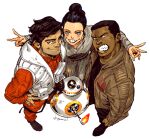  1girl 2boys animification bb-8 beard_stubble black_pants black_shirt blush brown_jacket clenched_hand clenched_teeth commentary double_v eyelashes finn_(star_wars) hair_bun hand_on_own_hip jacket jedi kotteri looking_at_viewer multiple_boys orange_jacket orange_pants pants poe_dameron profile rey_(star_wars) robot shirt shoes short_hair simple_background smile star_wars star_wars:_the_force_awakens teeth v vest white_background white_vest 