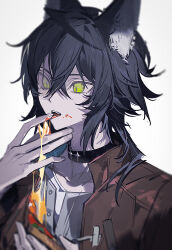  1boy absurdres animal_ears aquaregia_(you_ge) arknights black_choker black_hair brown_jacket cheese cheese_trail chinese_commentary choker commentary_request eating food green_eyes hair_between_eyes highres holding holding_food holding_pizza jacket licking licking_finger licking_own_finger looking_down male_focus medium_hair open_mouth pizza pizza_slice shirt slit_pupils solo tongue tongue_out upper_body vigil_(arknights) white_background wolf_boy wolf_ears 