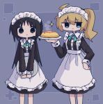  2girls ahoge apron black_eyes black_hair blonde_hair blue_background blue_eyes blush breasts buttoned_cuffs buttons closed_mouth collared_dress dress feet_out_of_frame food frilled_apron frills green_ribbon hand_on_own_hip hand_up holding holding_plate jitome kanikan long_hair long_sleeves looking_at_viewer maid maid_apron maid_headdress multiple_girls neck_ribbon omelet omurice original plate ribbon side_ponytail sleeve_cuffs small_breasts sparkle standing straight-on waist_apron white_apron 