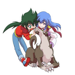  2boys black_hair blue_pants blue_shoes brown_dog closed_mouth commentary_request dog green_eyes green_hair harashima_takuya jacket long_hair looking_at_animal low_ponytail male_focus multiple_boys open_clothes open_jacket open_mouth ougon_yuusha_goldran pants petting ponytail purple_pants razor_(ougon_yuusha_goldran) red_jacket red_shawl rinrin_(rinrindarinko) serious_walzac shawl shoes sidelocks simple_background single_shoulder_pad smile standing violet_eyes white_background white_jacket yuusha_series 