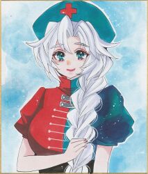  1girl blue_eyes blue_hat braid breasts closed_mouth commentary_request grey_hair hand_in_own_hair hat highres large_breasts long_hair marker_(medium) matsuppoi nurse_cap red_lips single_braid smile solo touhou traditional_media very_long_hair yagokoro_eirin 