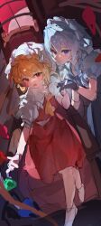  2girls absurdres ascot black_gloves blonde_hair blue_dress blue_eyes closed_mouth collared_shirt commentary_request crystal crystal_wings dress flandre_scarlet frilled_shirt_collar frills gloves grey_hair hat highres holding_hands interlocked_fingers izayoi_sakuya kei665 long_hair looking_at_viewer maid maid_headdress mob_cap multicolored_wings multiple_girls open_mouth pinafore_dress puffy_short_sleeves puffy_sleeves red_eyes red_skirt red_vest shirt short_sleeves sitting sketch skirt skirt_set sleeveless sleeveless_dress smile touhou vest white_hat white_shirt wings yellow_ascot 