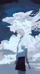  1boy black_shorts bottle clouds cowboy_shot grey_eyes grey_hair highres holding holding_bottle looking_at_viewer male_focus manuga_(manuga430) original outdoors ramune shirt short_sleeves shorts sky solo white_shirt wind 