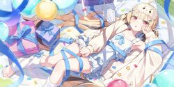  1girl :o barefoot blonde_hair blue_bow blue_ribbon blush bow box center-flap_bangs character_request clenched_hand coat collarbone copyright_request dress eye_mask flat_chest frilled_dress frilled_shorts frills gift gift_box hair_ornament hand_on_own_cheek hand_on_own_crotch hand_on_own_face highres looking_at_viewer low_twintails lying mask on_back parted_lips red_eyes ribbon sample_watermark short_shorts shorts sleeveless sleeveless_dress solo suumon twintails watermark white_dress wings x_hair_ornament yellow_coat 