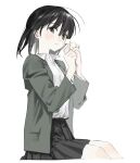  1girl black_hair black_skirt closed_mouth collared_shirt from_side hair_between_eyes hand_up highres looking_at_viewer medium_hair original pleated_skirt shirt simple_background sitting skirt smile solo white_background white_shirt xxxsoiu1 