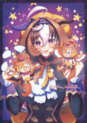  3girls :3 absurdres ahoge angel_wings animal_ears black_dress breasts commentary demon_wings dia_(7dia_kmrhntr) dress english_commentary facing_viewer halloween halloween_costume halo highres horse_ears horse_girl large_breasts looking_at_viewer meisho_doto_(dot-o'-lantern)_(umamusume) meisho_doto_(umamusume) multiple_girls shoulder_angel shoulder_devil signature silk solo_focus spider_web t.m._opera_o_(umamusume) umamusume upper_body violet_eyes watermark wings 