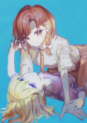  2girls absurdres asymmetrical_hair black_skirt blonde_hair blue_background bow brown_eyes brown_hair collared_shirt commentary dress hair_bow hand_in_another's_hair highres holding_hands ika_(ikachan_334) looking_at_viewer maribel_hearn multiple_girls necktie purple_dress red_necktie shirt short_sleeves simple_background skirt smile touhou untranslatable_commentary usami_renko violet_eyes white_bow white_shirt yukadon yuri 