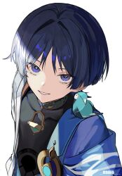  1boy animal_on_shoulder aqua_bird artist_name bird bird_on_shoulder bishounen black_bodysuit black_hair blue_cape blue_gem blue_kimono blunt_ends bodysuit bright_pupils cape commentary_request covered_collarbone eyeliner gem genshin_impact gold hair_intakes highres japanese_clothes juban kimono looking_at_viewer lower_eyelashes_only makeup male_focus mandarin_collar multicolored_hair open_clothes open_kimono parted_lips portrait purple_hair red_eyeliner rtms scaramouche_(genshin_impact) short_sleeves shoulder_peek side_cape sidelighting smile solo streaked_hair tsurime violet_eyes vision_(genshin_impact) wanderer_(genshin_impact) white_background white_kimono white_mouth white_pupils white_sleeves white_trim wispy_bangs wolf_cut 