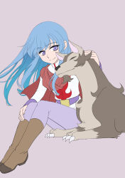  1boy absurdres animal belt blue_hair boots brown_boots brown_dog brown_shawl closed_eyes closed_mouth commentary_request dog flat_color grey_background hand_on_own_knee highres invisible_chair jacket long_hair long_sidelocks looking_at_animal male_focus ougon_yuusha_goldran pants petting purple_belt purple_pants razor_(ougon_yuusha_goldran) rinrin_(rinrindarinko) serious_walzac shawl sidelocks simple_background sitting smile trap violet_eyes white_jacket yuusha_series 