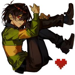  0916psy 1other absurdres androgynous black_vest brown_hair brown_pants brown_shoes clenched_teeth deltarune from_side hair_between_eyes heart highres kris_(deltarune) legs_up long_sleeves looking_at_viewer open_mouth other_focus pants red_eyes red_soul_(utdr) shoes short_hair simple_background soul_(character)_(deltarune) soul_(utdr) striped_clothes striped_sweater striped_sweater_vest sweater sweater_vest teeth utdr_(toby_fox) vest white_background 