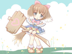  1girl animal_ears blue_dress boots bow bow_alma bowtie brown_boots brown_hair capelet dog_ears dog_girl dog_tail dress emil_chronicle_online footwear_bow fur-trimmed_capelet fur_trim grey_eyes hair_bow holding holding_sign kurosaki_yomi open_mouth pink_bow pink_bowtie short_hair sign solo tail white_capelet yellow_bow 