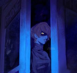  commission dark freckles handprint highres lips orange_eyes original parted_lips phone_booth shaded_face tagasaing turtleneck upper_body watermark 