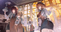  00608d 4girls :p ;p absurdres angry apron arched_window blonde_hair blush breasts brown_apron centaureissi_(girls'_frontline_2) commentary cowboy_shot european_architecture g36_(girls'_frontline) girls'_frontline_2:_exilium girls_frontline hair_ribbon hand_on_own_hip highres holding holding_another's_arm holding_plate indoors kitchen large_breasts long_hair looking_at_viewer makiatto_(girls'_frontline_2) medium_breasts multiple_girls one_eye_closed plate ribbon sharkry_(girls'_frontline_2) shirt springfield_(girls'_frontline) springfield_(girls'_frontline_2) tongue tongue_out untranslatable_commentary wa2000_(girls'_frontline) waitress white_shirt window 