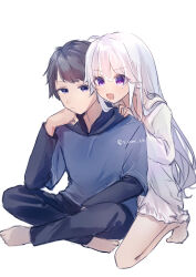  1boy 1girl 9-nine- :/ :d ahoge barefoot black_eyes black_pants blue_hoodie blush brother_and_sister casual ch2sh closed_mouth commentary_request dated_commentary eyes_visible_through_hair frown full_body grey_hair hair_between_eyes hair_down hair_over_shoulder hand_on_another's_shoulder highres hood hood_down hoodie indian_style kneeling long_hair long_sleeves looking_ahead niimi_kakeru niimi_sora open_mouth pajamas pants pulling_another's_clothes siblings simple_background sitting sketch smile tiptoes twitter_username v-shaped_eyebrows very_long_hair violet_eyes white_background white_pajamas 