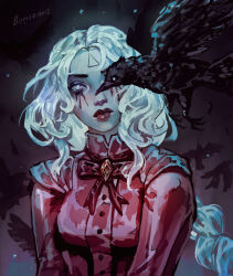  absurdres bird blue_sclera blue_skin boriszam1 colored_sclera colored_skin crow deadlock_(game) dress facial_mark forehead_mark ghost_girl highres makeup mascara no_pupils red_dress triangle triangle_facial_mark vindicta_(deadlock) white_eyes 